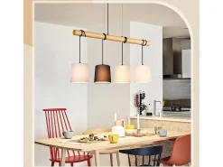 Sale NETTLIFE Suspension 4 Ampollas E27 Vintage Diam.80cm multicolor Madera con Tela pantalla para Comedor, Salón, Oficina Negro
