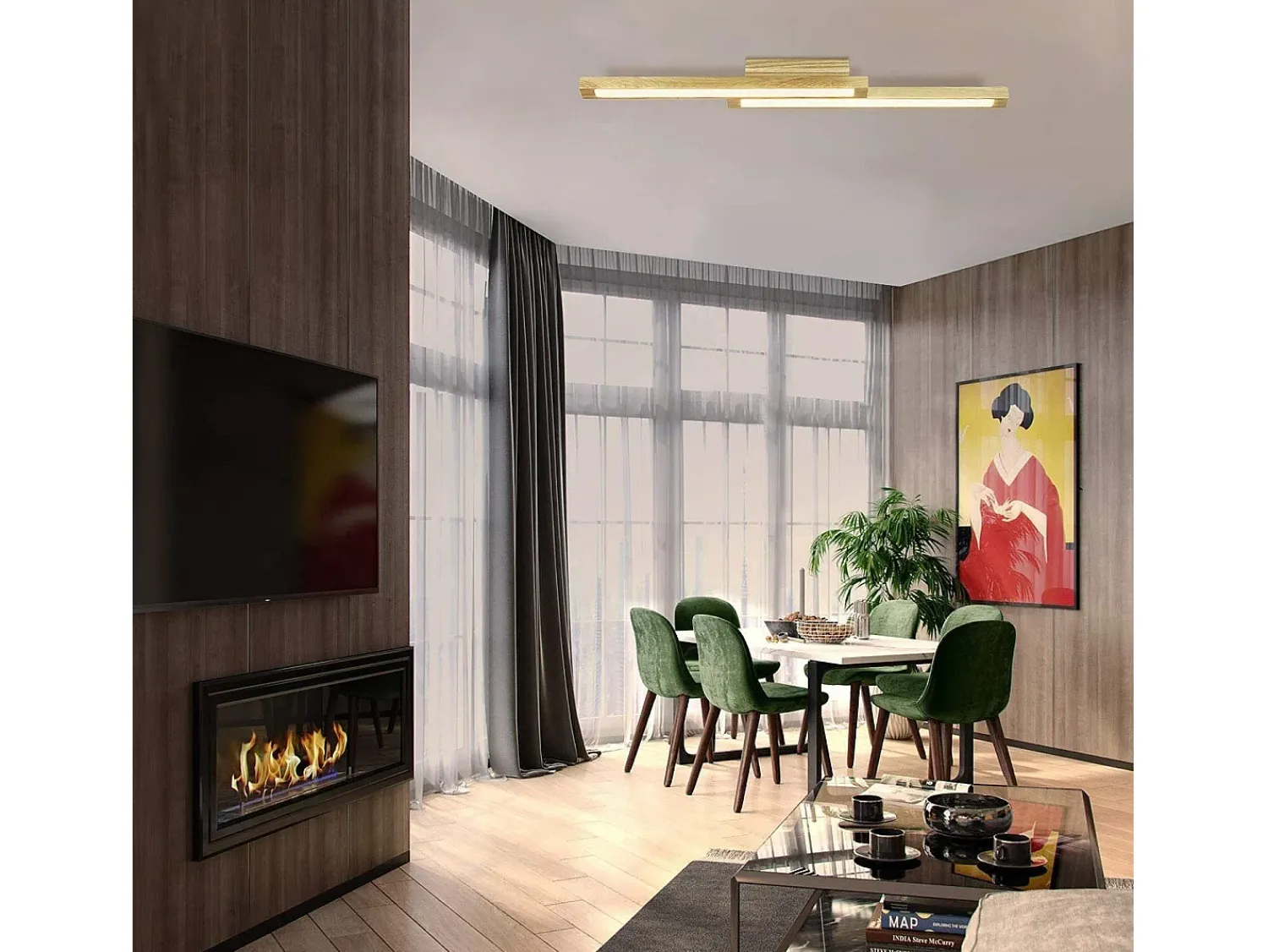 NETTLIFE Plafón^Techo luminoso LED, madera clara de 90 cm, 3000 K, blanco cálido, lámpara de diseño retro para el dormitorio, para salón, dormitorio, pasillo, comedor. Beige