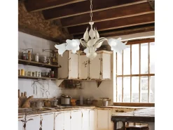 Lámpara Suspendida^Olga - Lámpara de araña con cristal alabastro y acabado oro antiguo, 5 luces Ø68 cm Marfil
