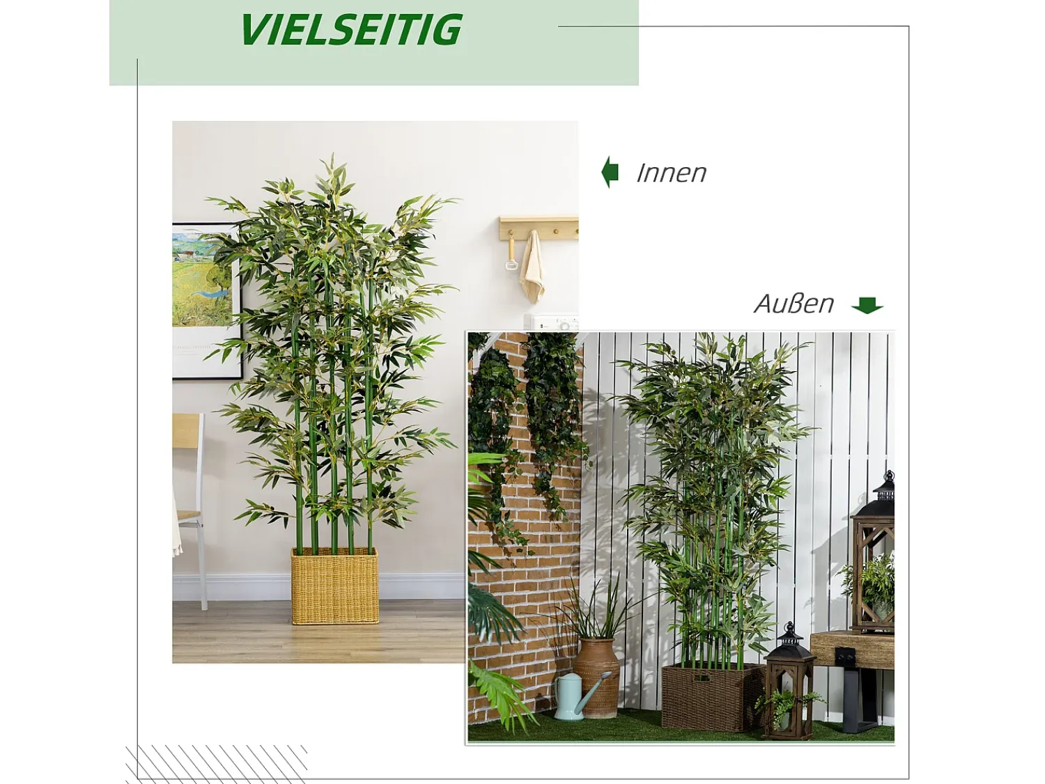 Planta Artificial^Planta de bambú artificial, 180 cm, en maceta de madera de pino, para interior y exterior, decorativa, (35 x 35 x 180 cm) Verde
