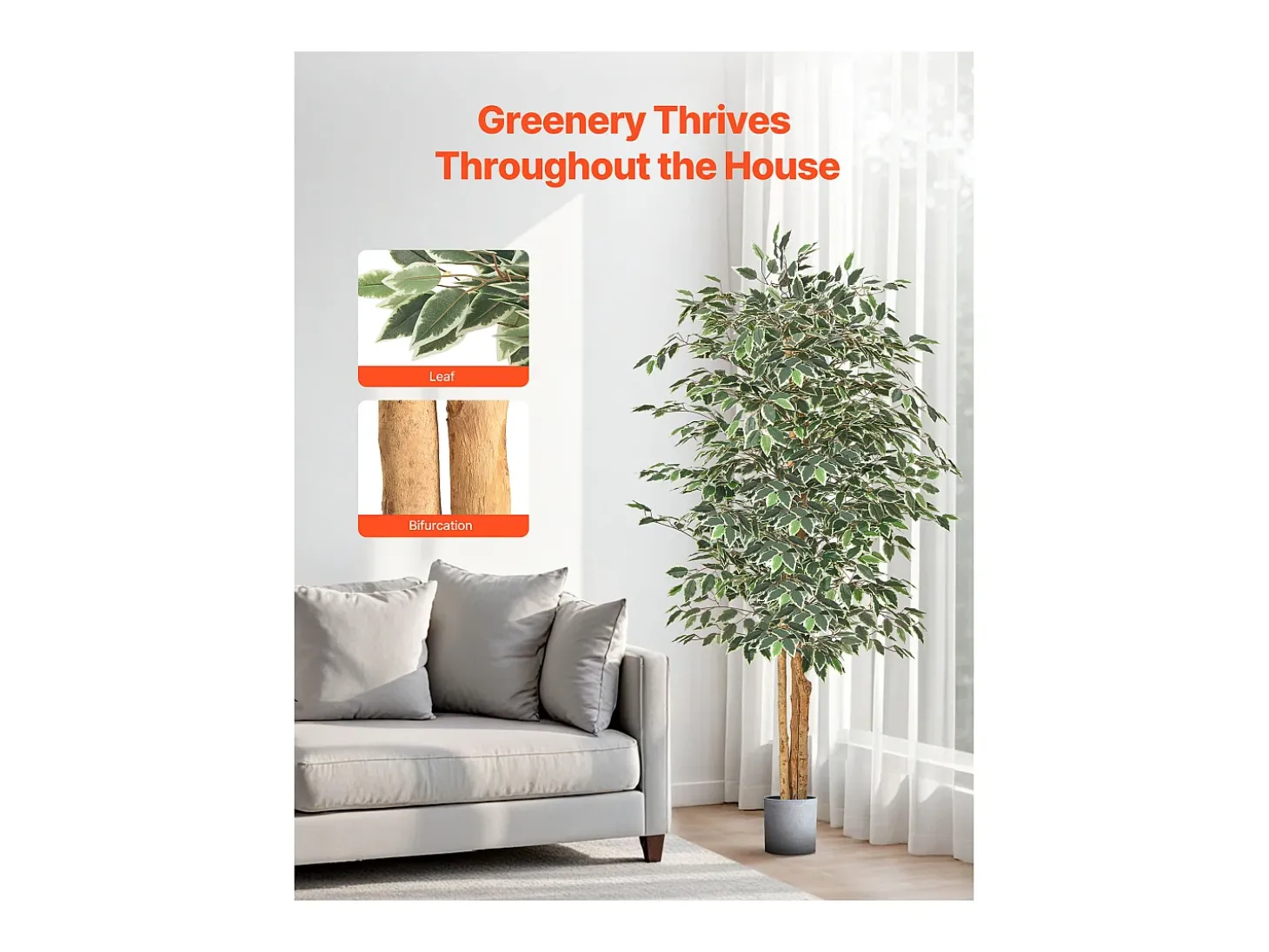 Árboles Artificiales SucceBuy Ficus Artificial de 180 cm con Maceta Negra, Planta Artificial Grande con Tronco de Madera Natural y Follaje Verde Realista