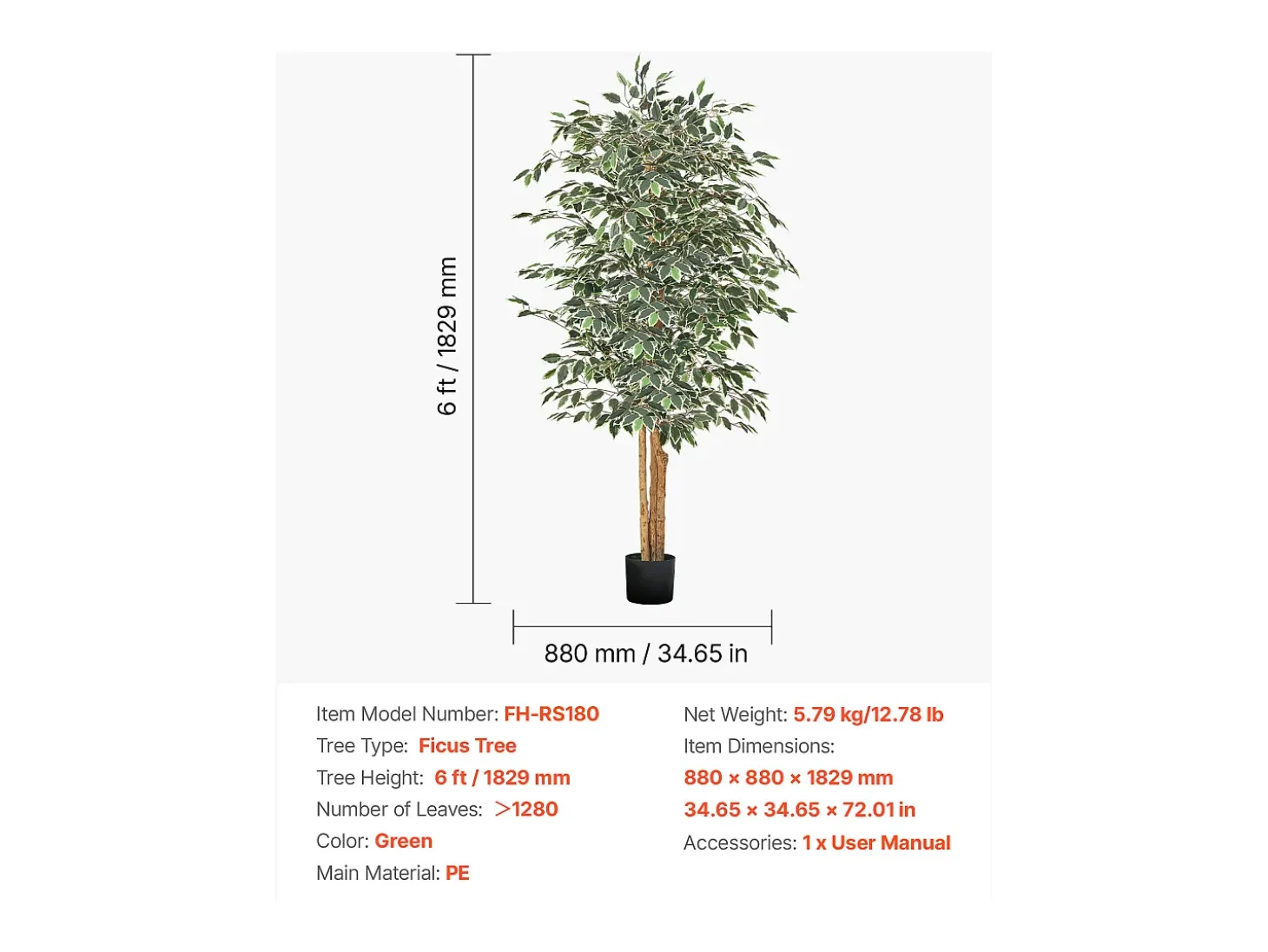 Árboles Artificiales SucceBuy Ficus Artificial de 180 cm con Maceta Negra, Planta Artificial Grande con Tronco de Madera Natural y Follaje Verde Realista