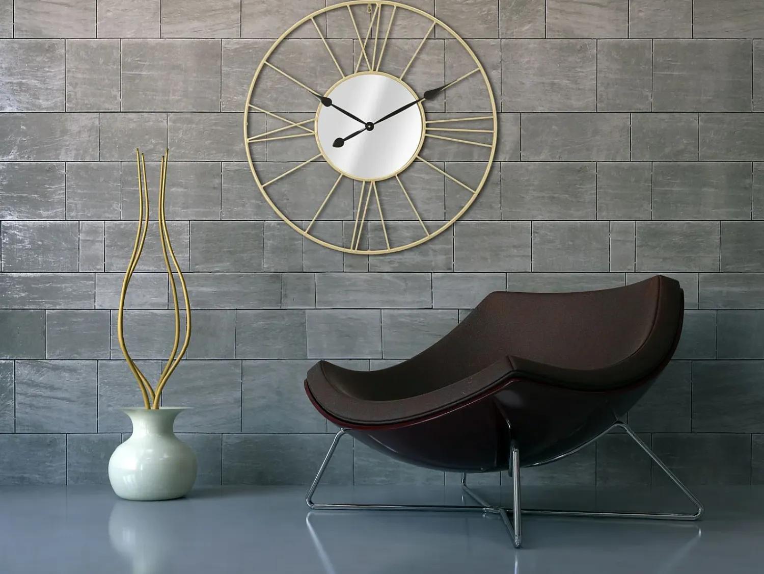 Reloj de pared redondo de metal 80 cm con espejo Stick Dorado