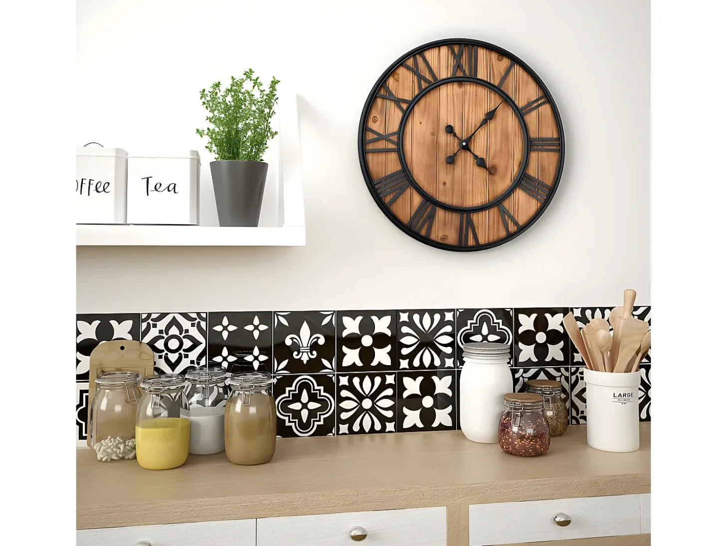 Reloj de pared vintage movimiento cuarzo madera metal 60 cm XXL ES413888