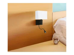 Outlet Searchlight Hotel Aplique de pared mate, pantalla de tela blanca con luz de lectura Negro