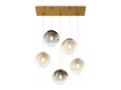 Sosp. Ottone Sat. 5 Luci Rettangolare Vetri Piccoli (3 Ambra+2 Bronzo)