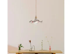 Sospensione 1 Luce Anemone In Ferro Laccato Avorio E Ceramica Decorata