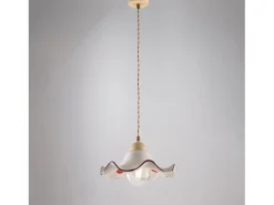Sospensione 1 Luce Anemone In Ferro Laccato Avorio E Ceramica Decorata