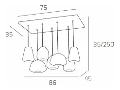 Sospensione Cromo 7 Luci Rettangolare Vetri 2X Alpha + 3X Beta + 2X Gamma Trasparenti