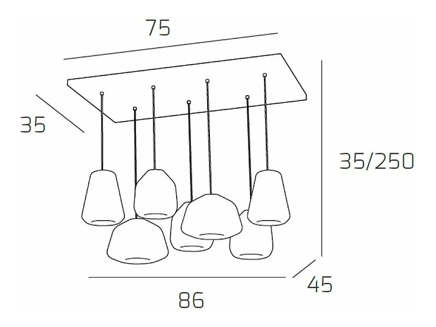 Sospensione Cromo 7 Luci Rettangolare Vetri 2X Alpha + 3X Beta + 2X Gamma Trasparenti