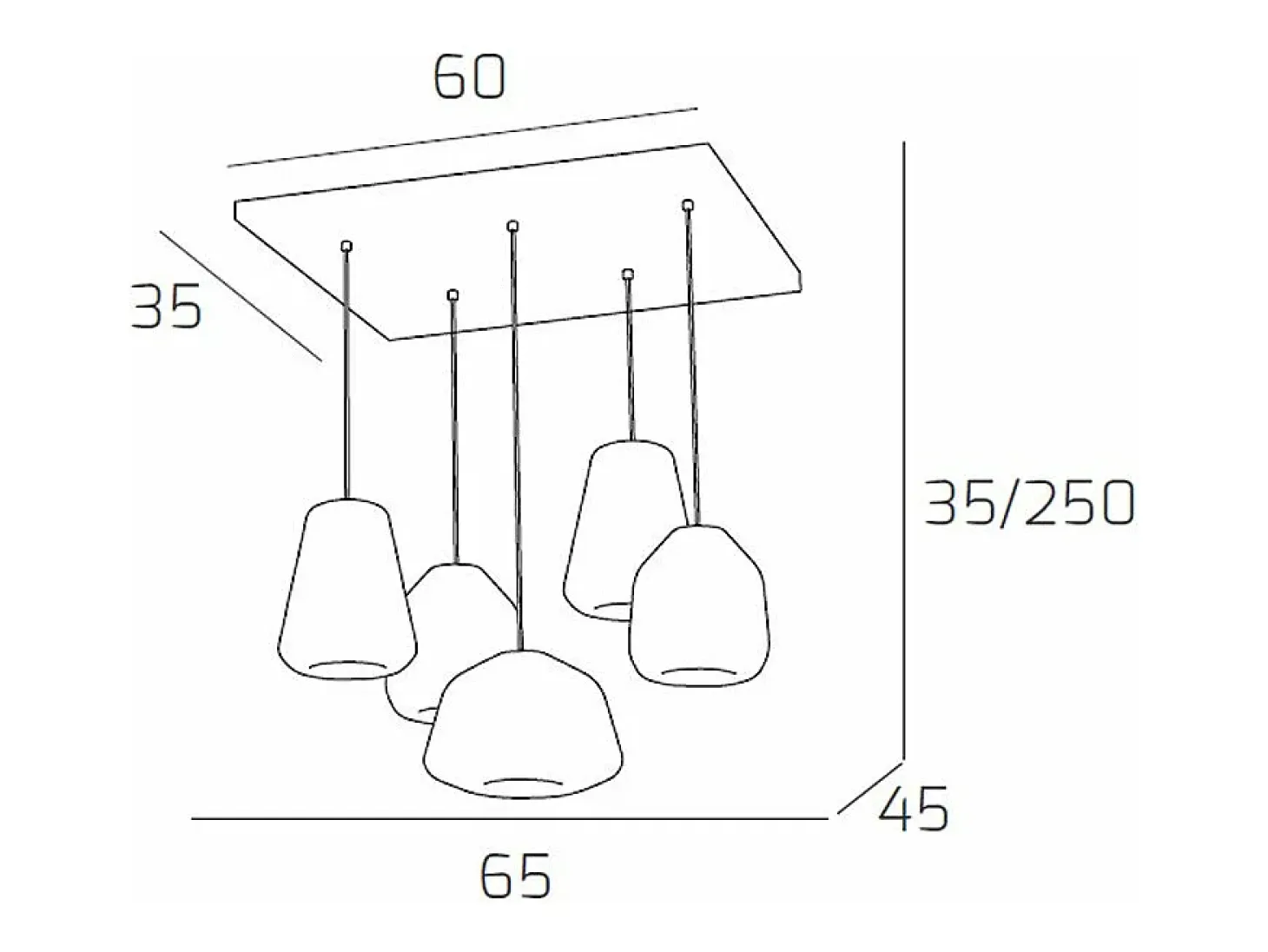 Sospensione Cromo 5 Luci Rettangolare Vetri 1X Alpha + 2X Beta + 2X Gamma Trasparenti
