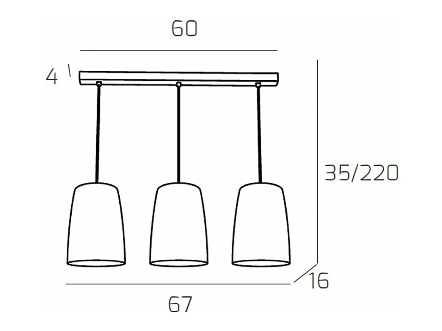 Sospensione Cromo Rettangolare 3 Luci (2 Ra + 1 Cr) Cobrizo