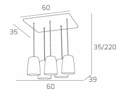 New Sospensione Cromo Rettangolare 5 Luci (3 Ra + 2 Cr) Cobrizo