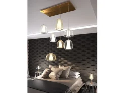 Sospensione Ottone Sat. 7 Luci Rettangolare Vetri (Alpha Tr + Am) (Beta 1X Tr + 2X Am) (Gamma Am + Tr) Dorado
