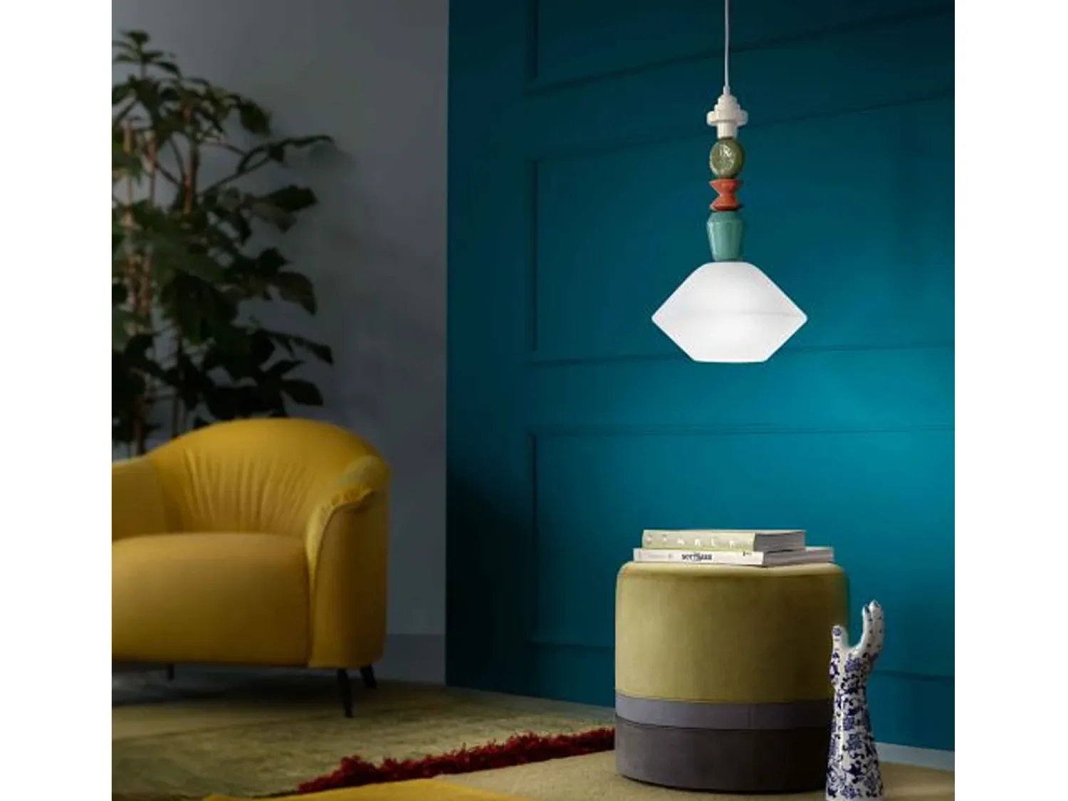 Hot Ferroluce Sospensione Piccola Vintage Decò Lariat Ceramica Bianco Latte 1 Luce E27 Blanco