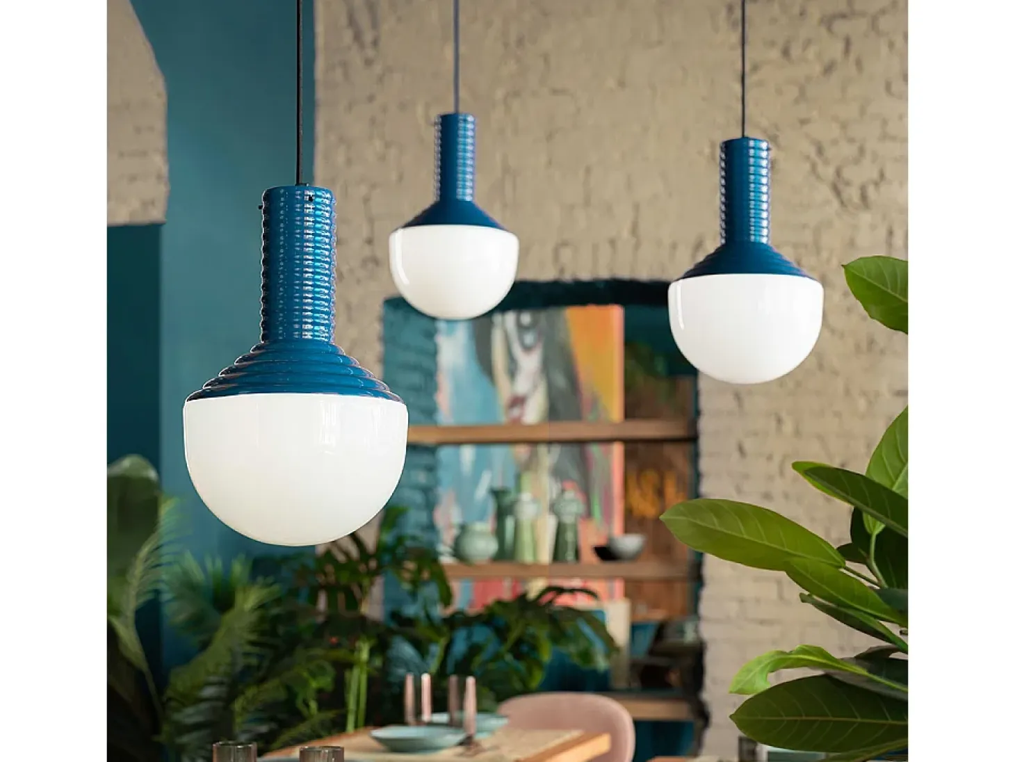 Sospensione Vintage Grande Decò Selaron Ceramica Blu 1 Luce E27