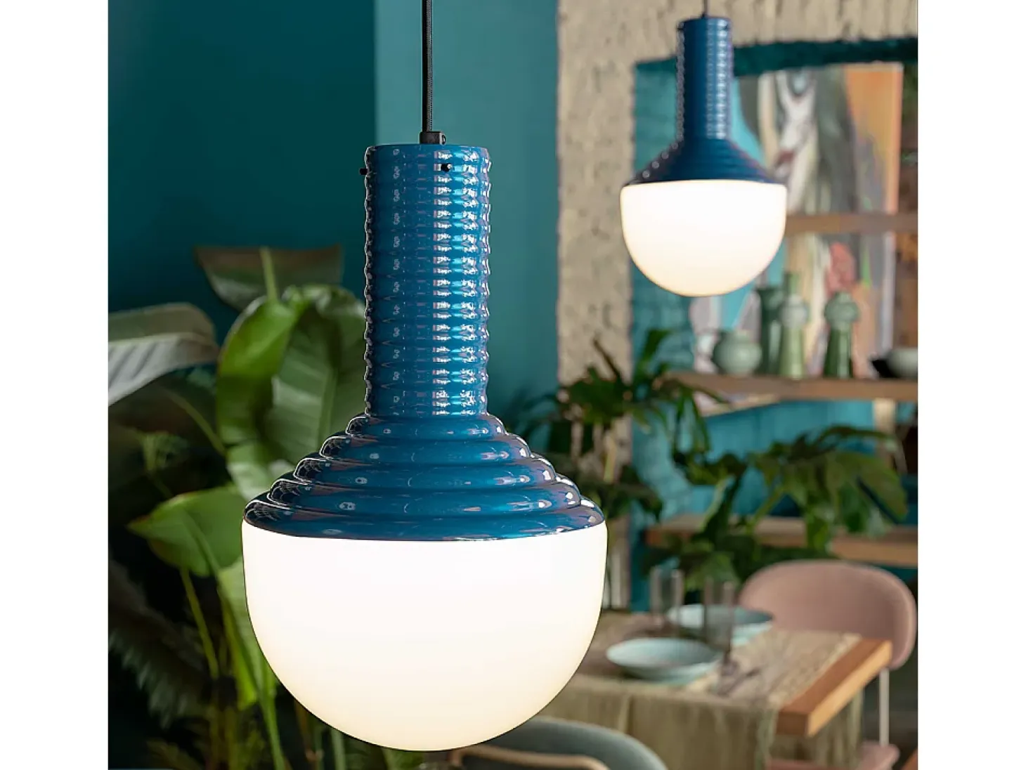 Sospensione Vintage Grande Decò Selaron Ceramica Blu 1 Luce E27