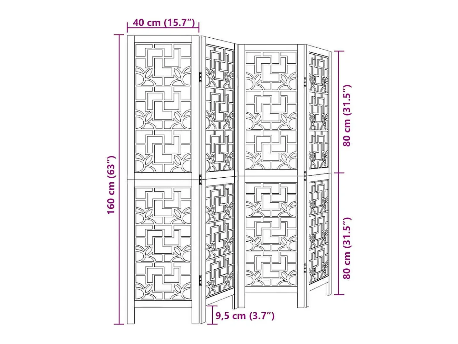 Tabique divisorio de 4 paneles en madera maciza de paulownia marrón