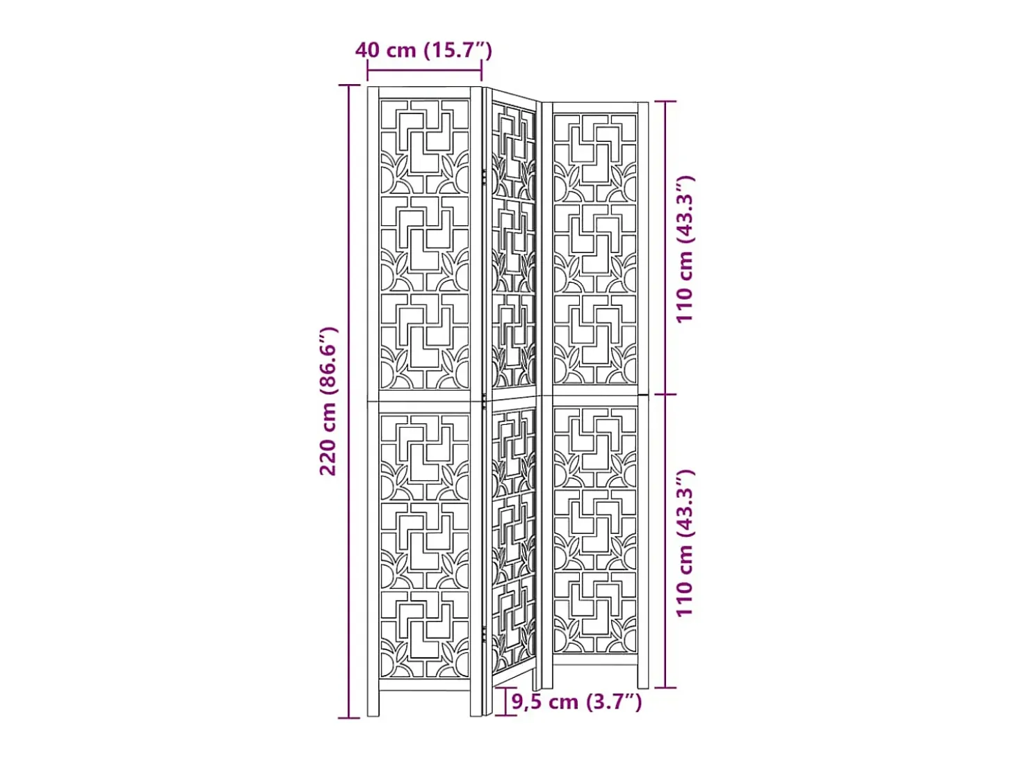 Tabique divisorio de 3 paneles en madera maciza de paulownia marrón