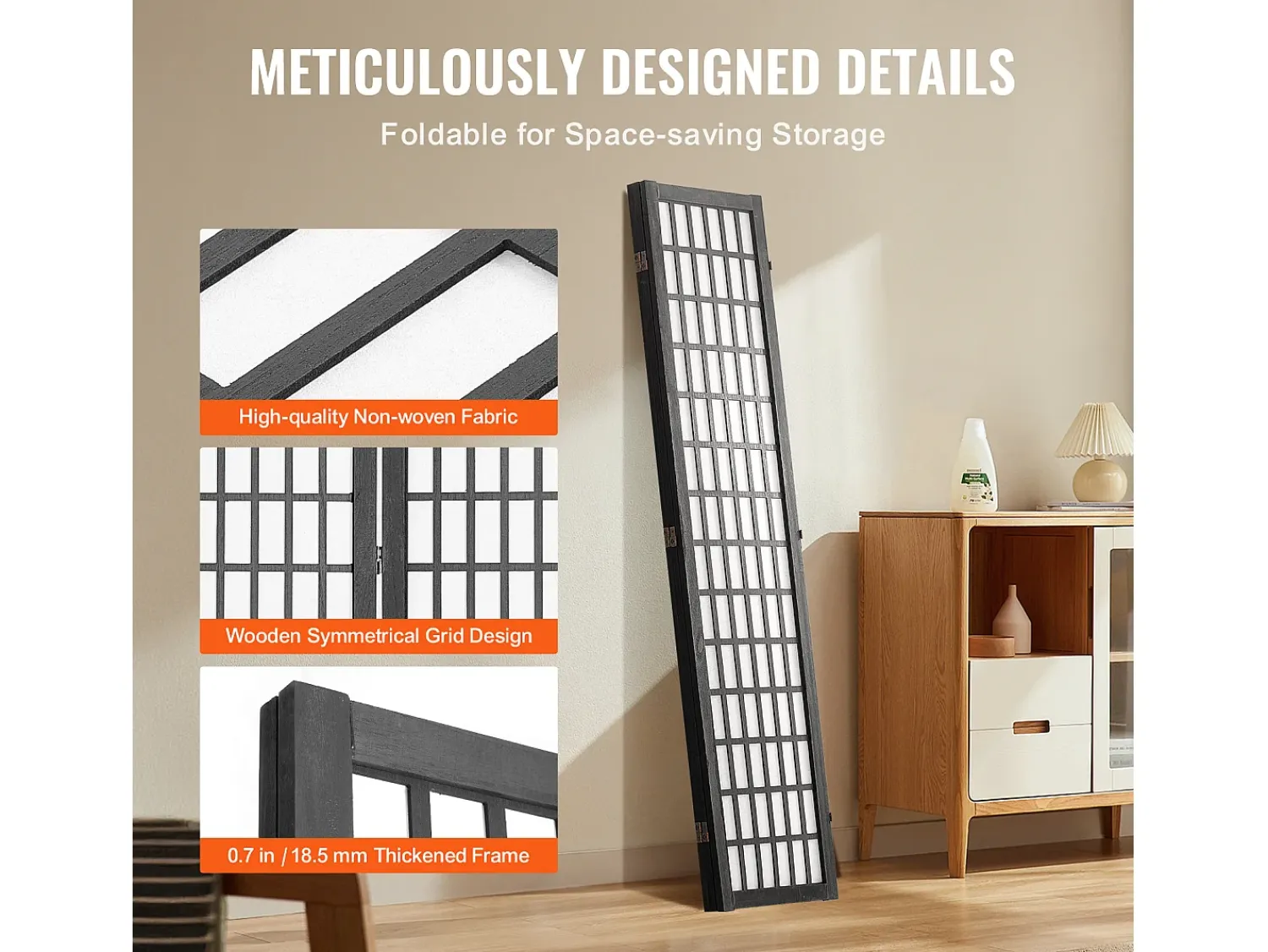 Tabique Divisorio SucceBuy, Tabique Divisorio Japonés de 3 Paneles, Tabique Japonés Portátil, de Madera, Gira 360°, 120,5 x 170 x 1,9 cm, para Separar Habitaciones Negro