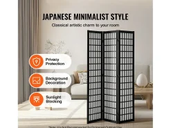 Tabique Divisorio SucceBuy, Tabique Divisorio Japonés de 3 Paneles, Tabique Japonés Portátil, de Madera, Gira 360°, 120,5 x 170 x 1,9 cm, para Separar Habitaciones Negro