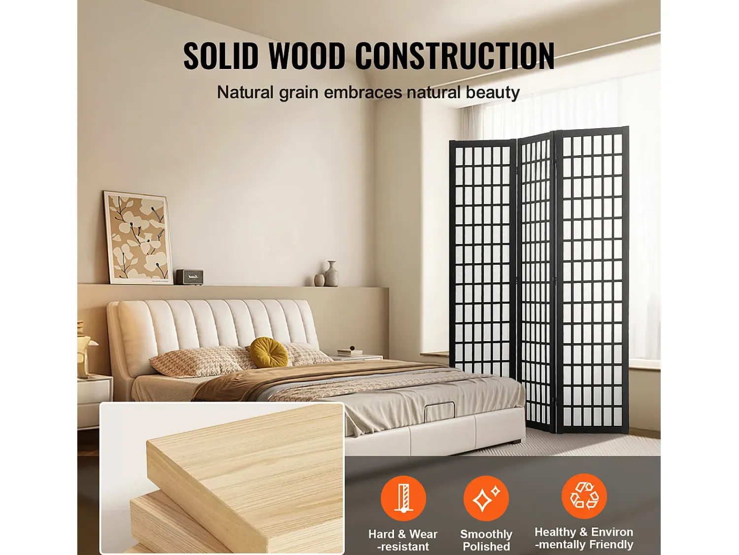 Tabique Divisorio SucceBuy, Tabique Divisorio Japonés de 3 Paneles, Tabique Japonés Portátil, de Madera, Gira 360°, 120,5 x 170 x 1,9 cm, para Separar Habitaciones Negro