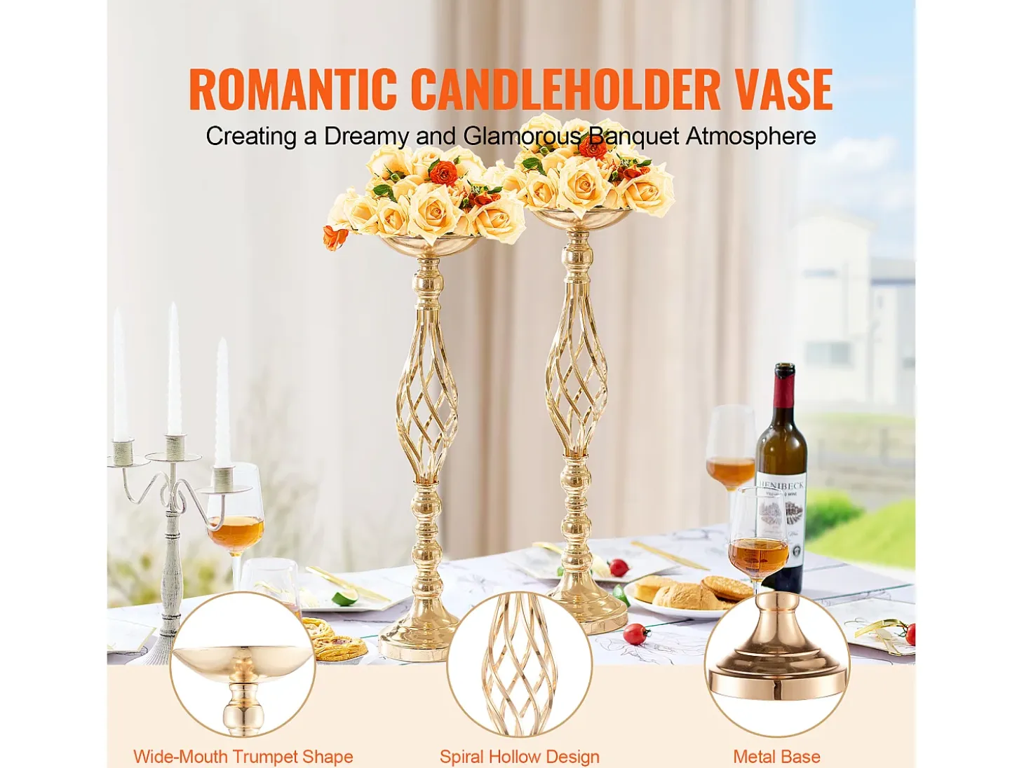 Vaso Succebuy Lote de 20 Vasos de Flores en Metal Dorado para Mesa de Matrimonio 58 Cm