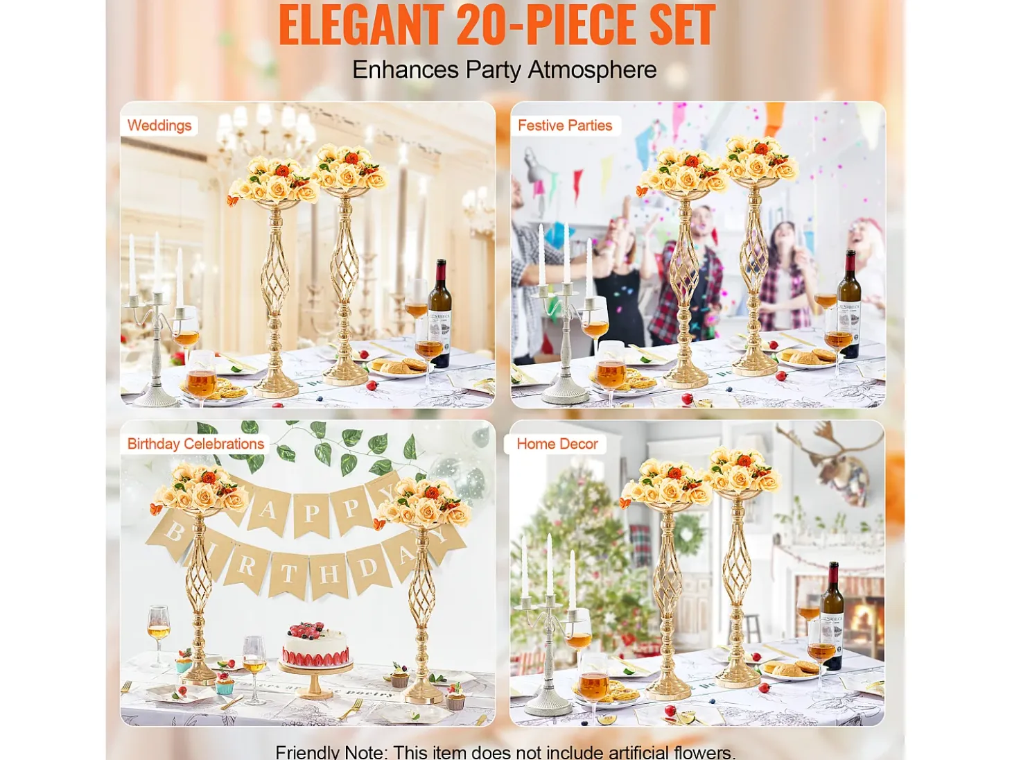Vaso Succebuy Lote de 20 Vasos de Flores en Metal Dorado para Mesa de Matrimonio 58 Cm