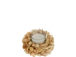 Vela en portavelas con decoración floral en vidrio natural 15x15x8 cm