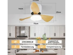 Ventilador de techo NETTLIFE con iluminación y control remoto LED 23W regulable silencioso 70CM verano/invierno temporizador de 6 velocidades