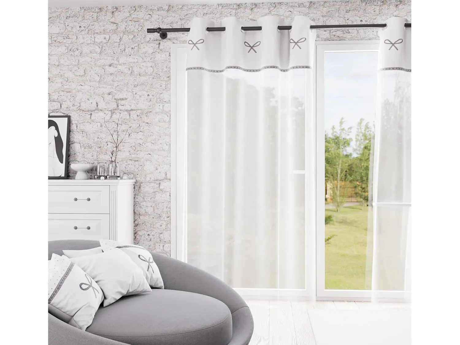 Best Soleil d'ocre Visillo ojales de algodón bordado 135x250 cm EMILIE , por Blanco