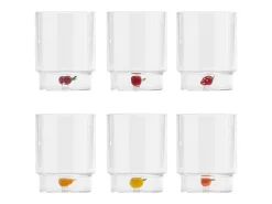 Zafferano Teca Frutta Mix - Juego de 6 Vasos de Vidrio Borosilicato con Fruta - Vaso de 35 cl con Doble Fondo Decorado a Mano, Fácilmente Lavable Transparente
