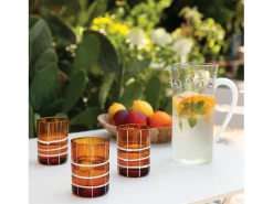 Vaso^Zafferano Twiddle - Juego de 6 vasos de vidrio soplado ámbar de 35 cl - Vasos artesanales con decoración blanca, aptos para lavavajillas Transparente